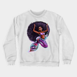 mermaid with big Afro underwater, brown eyes curly Afro hair and caramel brown skin. Black mermaid Crewneck Sweatshirt